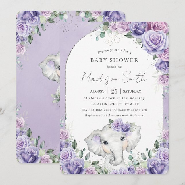 Chic Purple Lilac Floral Elephant Baby Shower Invitation (Front/Back)