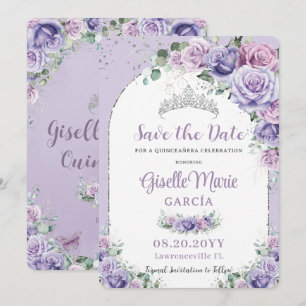 Chic Purple Lilac Floral Quinceañera Silver Arch Save The Date