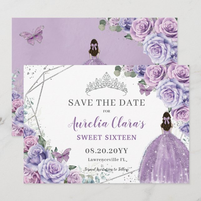 Chic Purple Lilac Floral Quinceanera Sweet Sixteen Save The Date (Front/Back)