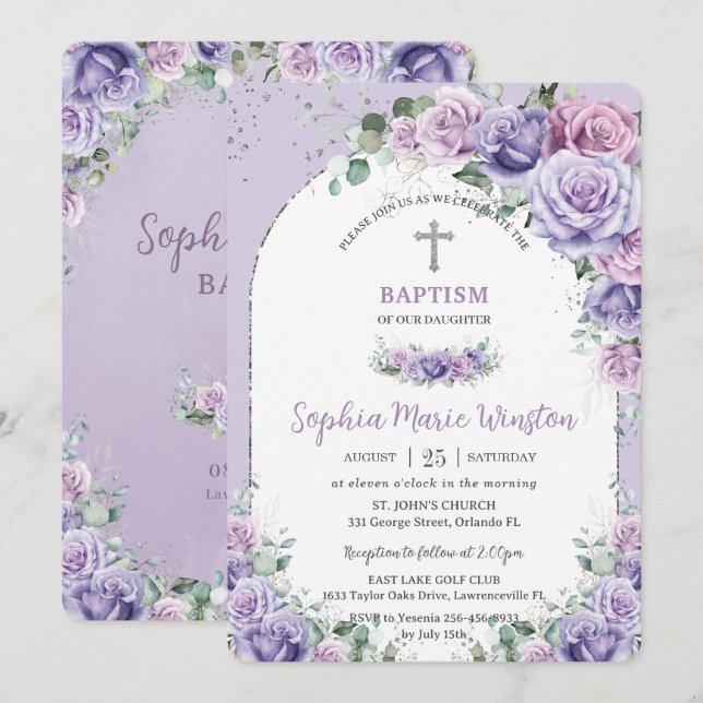 Chic Purple Lilac Floral Roses Silver Baptism Invitation (Front/Back)