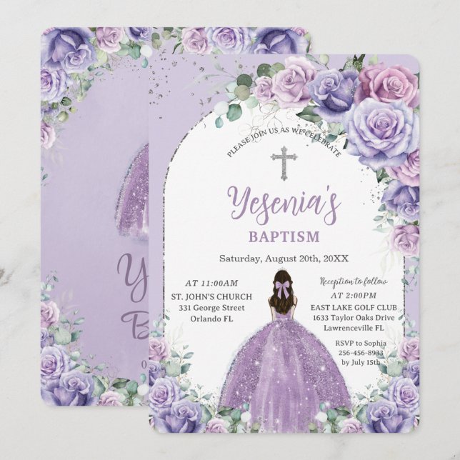 Chic Purple Lilac Floral Silver Arch Baptism Invitation (Front/Back)