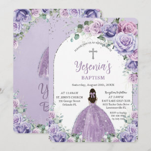 Chic Purple Lilac Floral Silver Arch Baptism Invitation