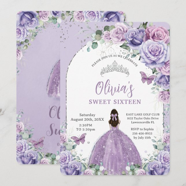 Chic Purple Lilac Floral Sweet 16 Birthday Party  Invitation (Front/Back)