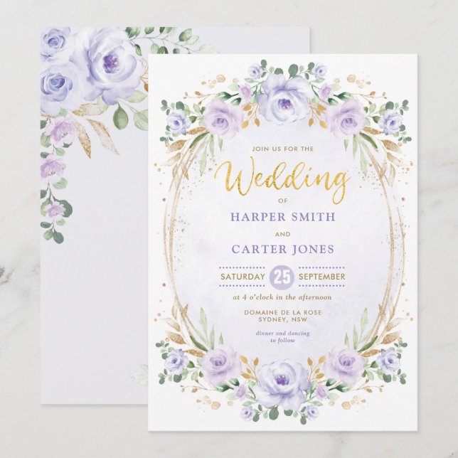 Chic Purple Lilac Gold Floral Garden Wedding Invitation (Front/Back)