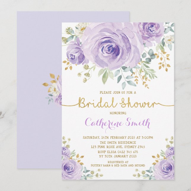 Chic Purple Lilac Gold Roses Bridal Shower Invitation (Front/Back)