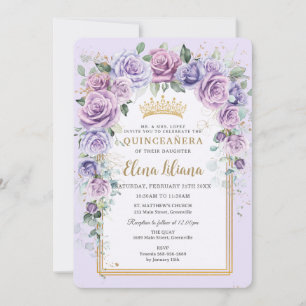 Chic Purple Lilac Lavender Floral Gold Quinceañera Invitation