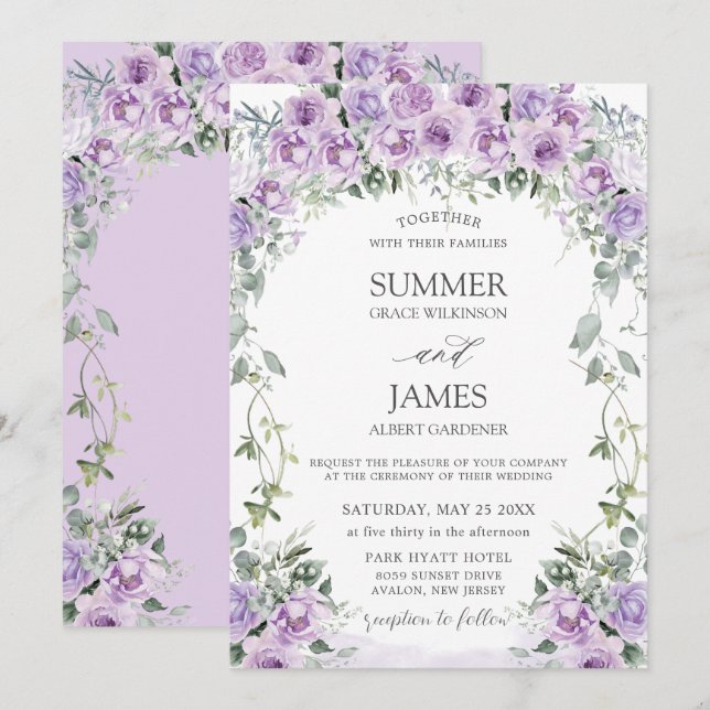 Chic Purple Lilac Roses Floral Garden Wedding Invitation (Front/Back)