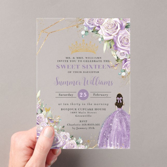Chic Purple Lilac Roses Floral Princess Sweet 16  Acrylic Invitations (Insitu (Handheld))