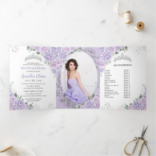 Chic Purple Lilac Roses Floral Quinceañera Photos Tri-Fold Invitation