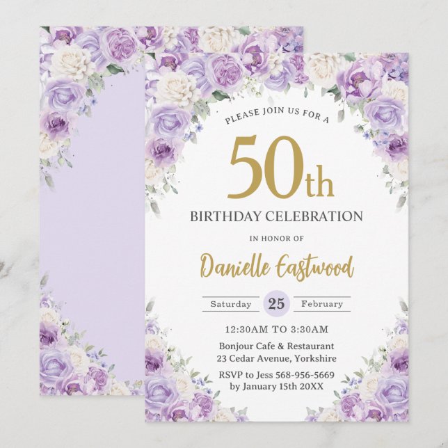 Chic Purple Lilac White Floral 50th 60th Birthday Invitation (Front/Back)