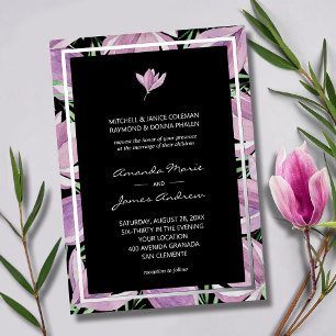 Chic Purple Magnolias on Black Wedding Silver