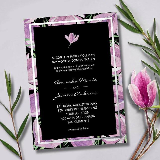 Chic Purple Magnolias on Black Wedding Silver (Chic purple and white magnolias on black wedding invitations with silver foil border)