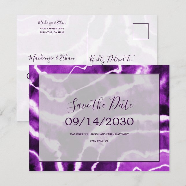 Chic Purple Marble Tie Dye Wedding Save the Date Announcement Postcard (Front/Back)