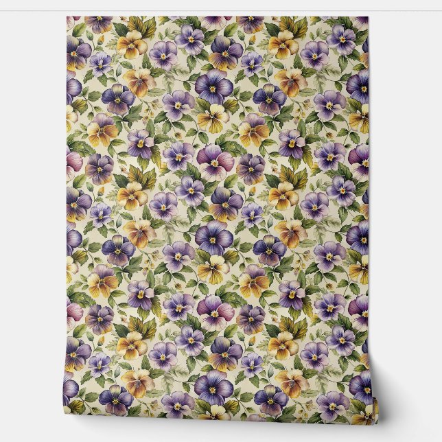 Chic purple mauve blue yellow violets wallpaper (Unrolling)