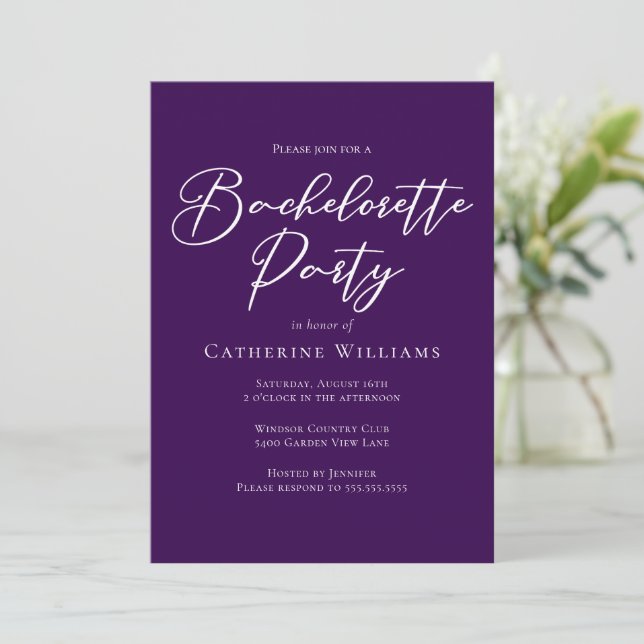 Chic Purple Minimalist Bachelorette Party Invitation (Standing Front)
