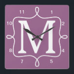 Chic Purple Monogram Square Wall Clock<br><div class="desc">Chic Purple Monogram wall clock. Loopy white doodle frame and single initial monogram on bright purple wall clock. Also available in other colours.</div>