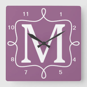 Chic Purple Monogram Square Wall Clock