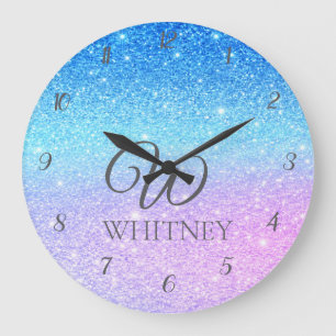 Chic Purple Ombre Blue Glitter Modern Large Clock