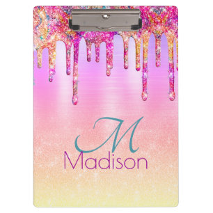 Chic purple orange ombre glitter drips monogram clipboard