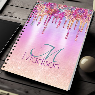 Chic purple orange ombre glitter drips monogram notebook