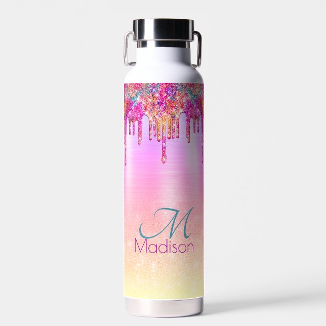 Chic purple orange ombre glitter drips monogram water bottle (Front)