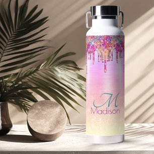 Chic purple orange ombre glitter drips monogram water bottle