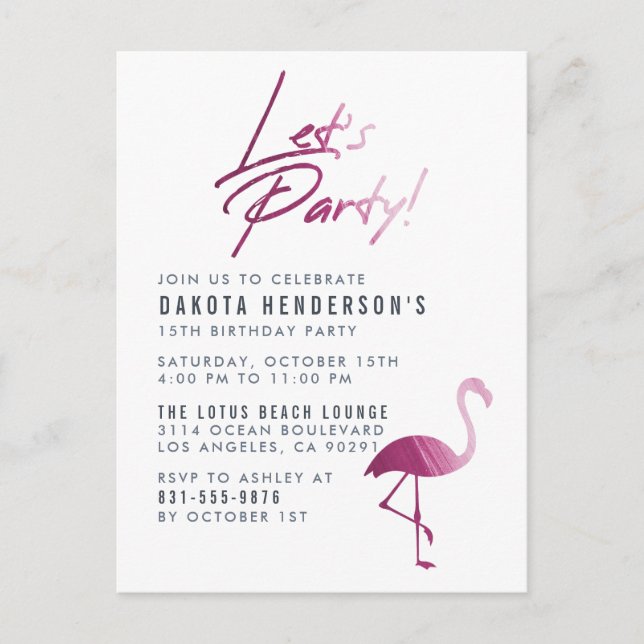 Chic Purple Painted Flamingo Modern Birthday Party Invitation Postcard (Front)