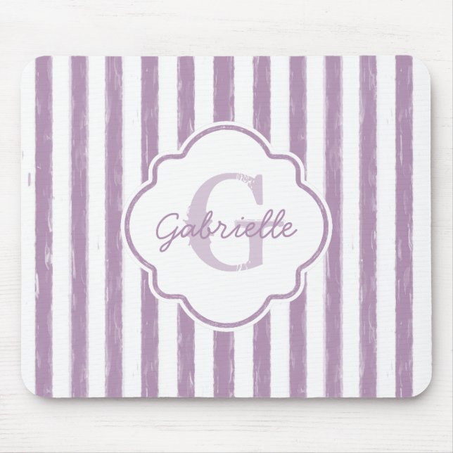 Chic Purple Painted Stripes Monogram and Name Mouse Mat (Front)