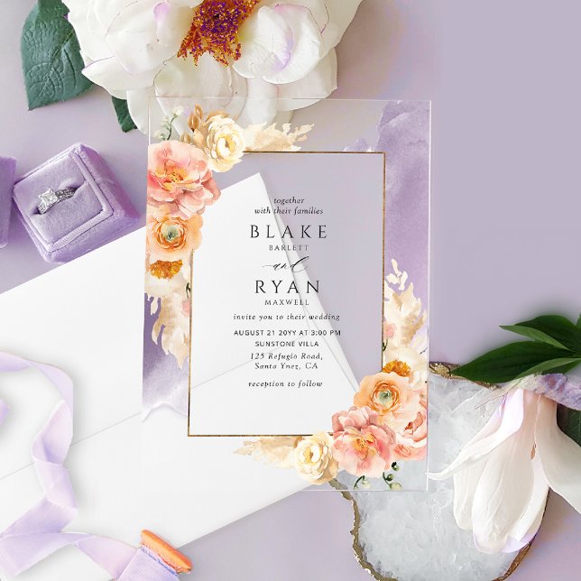 Chic Purple, Peach, Blush and Cream Floral Wedding Acrylic Invitations (Creator Uploaded)