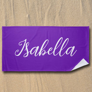Chic Purple Personalised Name Handwritten Script Beach Towel