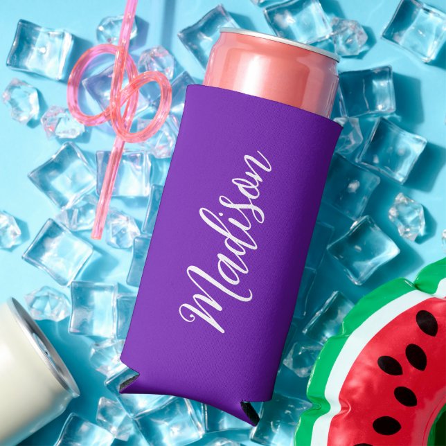 Chic Purple Personalized Name Handwritten Script Seltzer Can Cooler (In Situ Summer)