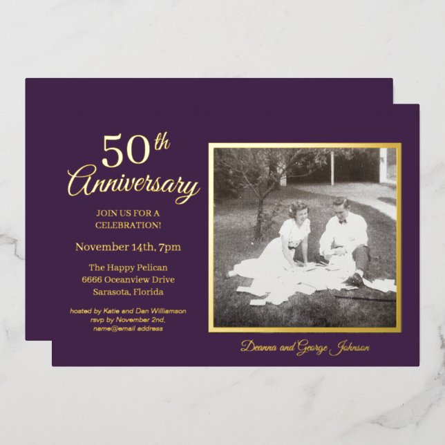 Chic Purple Photo 50th Anniversary Gold (Front/Back)