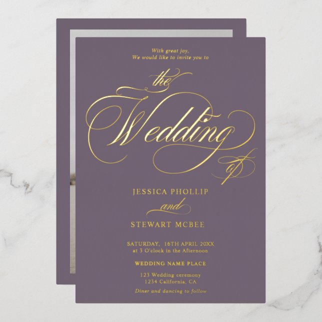 Chic purple photo calligraphy wedding gold (Front/Back)