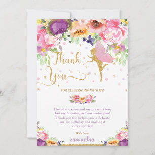Chic Purple Pink Floral Fairy Baby Shower Birthday Thank You Card