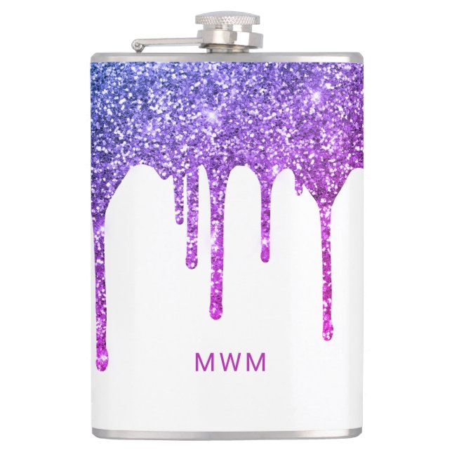 Chic Purple Pink Glitter Drips Sparkle Monogram Hip Flask (Front)