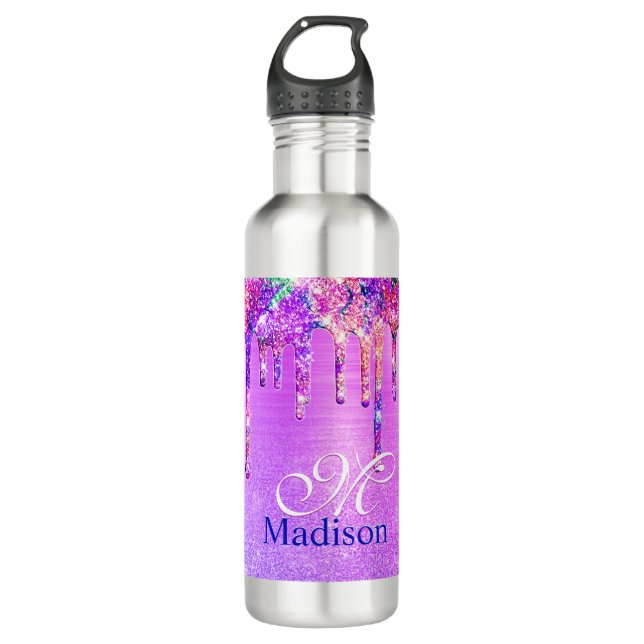 Chic purple pink ombre glitter drips monogram note 710 ml water bottle (Front)