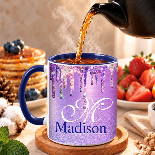Chic purple pink ombre glitter drips monogram note mug