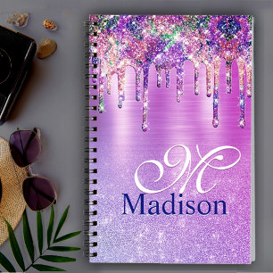 Chic purple pink ombre glitter drips monogram note notebook