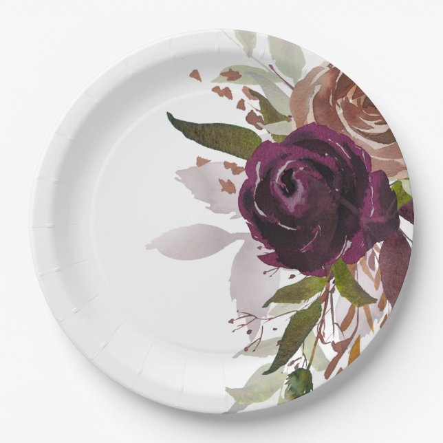 Chic Purple Plum and Gold Floral Wedding  Paper Plate (Front)