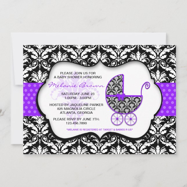 Chic Purple Polka Dot Damask Baby Shower Invite (Front)