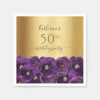Chic Purple Rose Floral Gold 50th Birthday Party Napkin