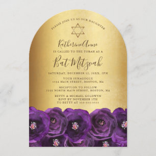 Chic Purple Rose Floral Gold Bat Mitzvah Invitation