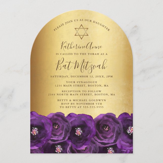 Chic Purple Rose Floral Gold Bat Mitzvah Invitation (Front)