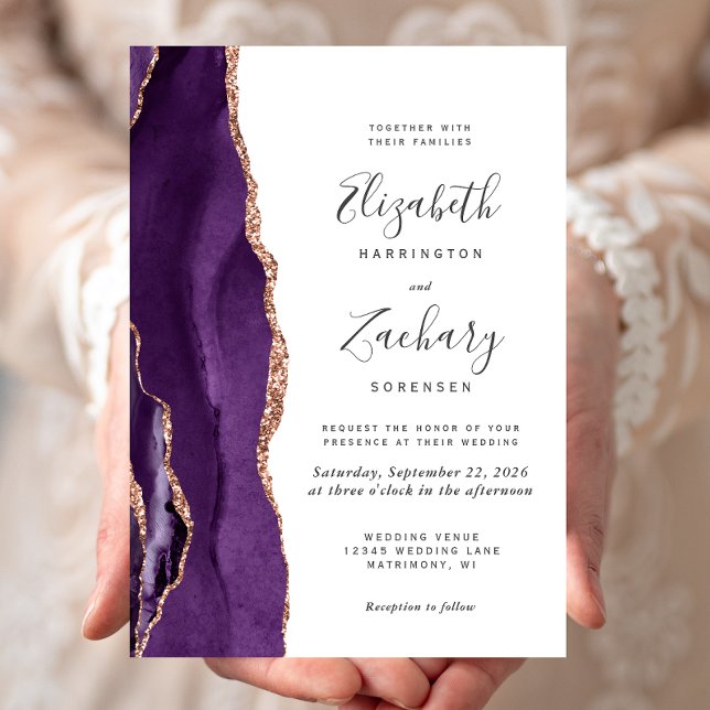 Chic Purple Rose Gold Agate Wedding Invitation (Creator Uploaded)