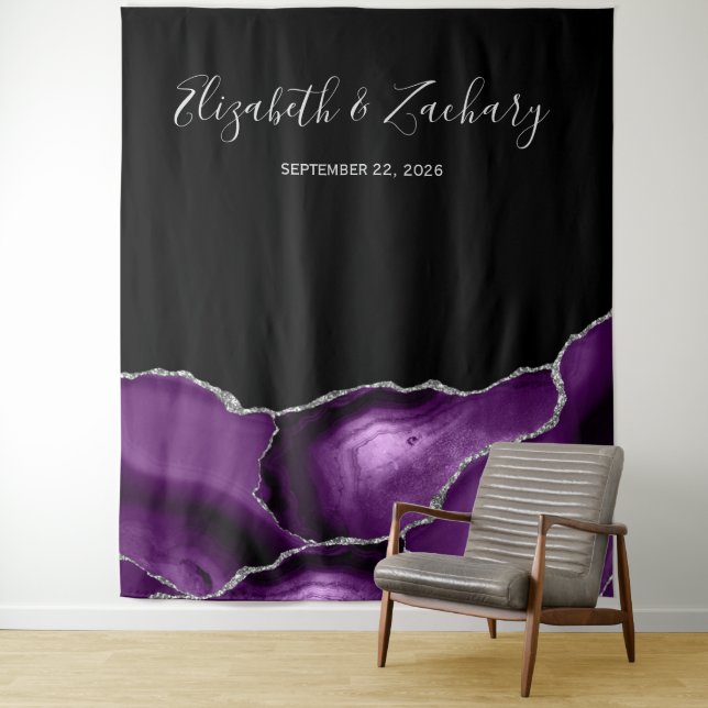 Chic Purple Silver Agate Wedding Photo Booth Tapestry (In Situ)