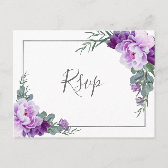 Chic Purple Silver Floral Eucalyptus Wedding RSVP Postcard (Front)