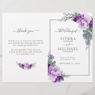 Chic Purple Silver Floral Folded Wedding Program
