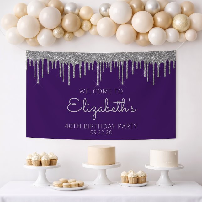 Chic Purple Silver Glitter Drip 40th Birthday Banner (Creator Uploaded)