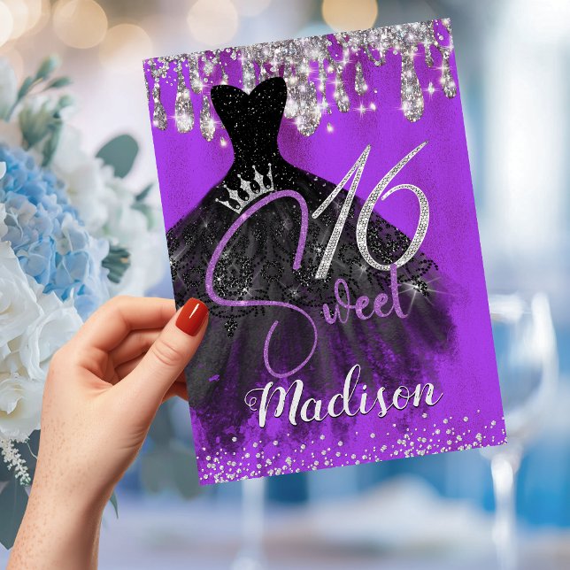 Chic purple silver glitter drips sweet 16 invitation (Creator Uploaded)