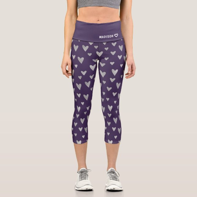 Chic Purple Silver Heart Pattern Personalised Name Capri Leggings (Front)